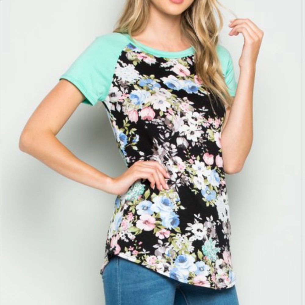 Black Floral Short Sleeve Raglan Tee Acting Pro XL